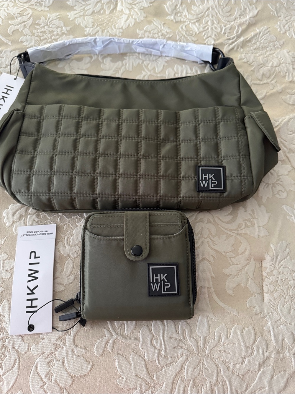 HKWP Olive Quilted Shoulder Bag with Matching Wallet Set